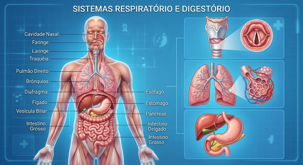 Ilustração anatômica dos sistemas respiratório e digestório