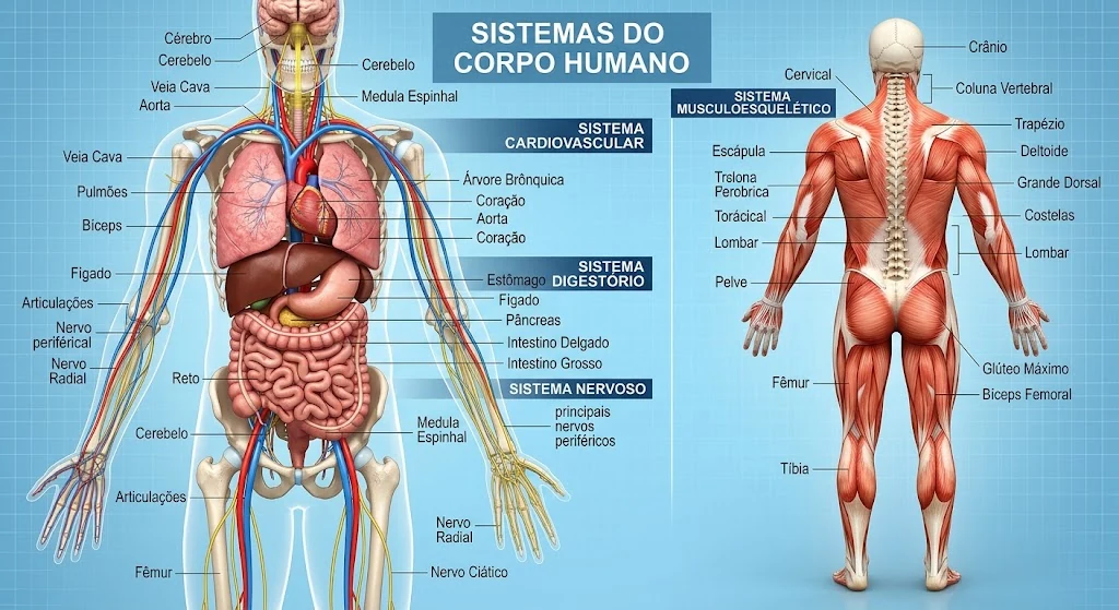 Ilustração dos sistemas do corpo humano, incluindo sistemas cardiovascular, digestório, nervoso e musculoesquelético